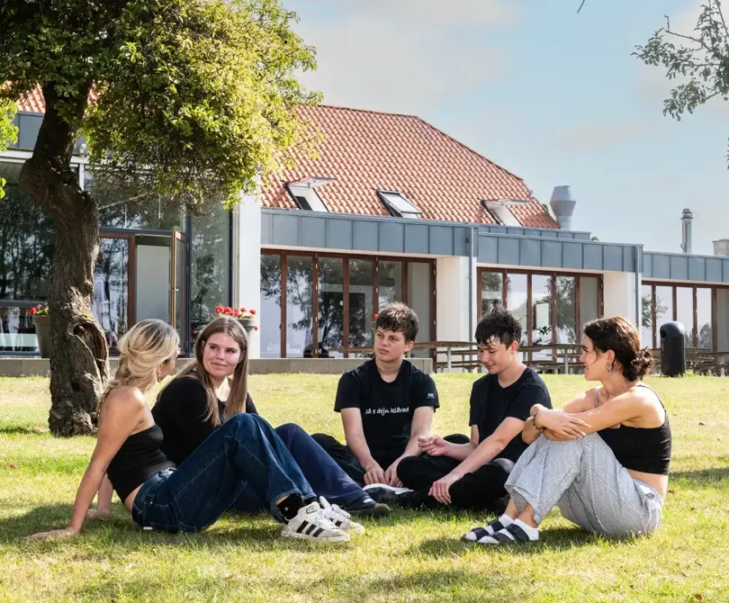 Fem elever sidder i græsset og snakker foran skolebygning. 